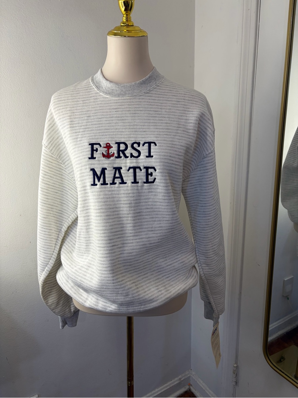 Jerzees Vintage NWT White & Light Gray Striped 'FIRST MATE' Crewneck Sweatshirt